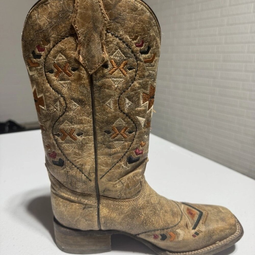 Corral Brown Embroidered Leather Square Toe Western Teen Girls Size 4/ Women's 6